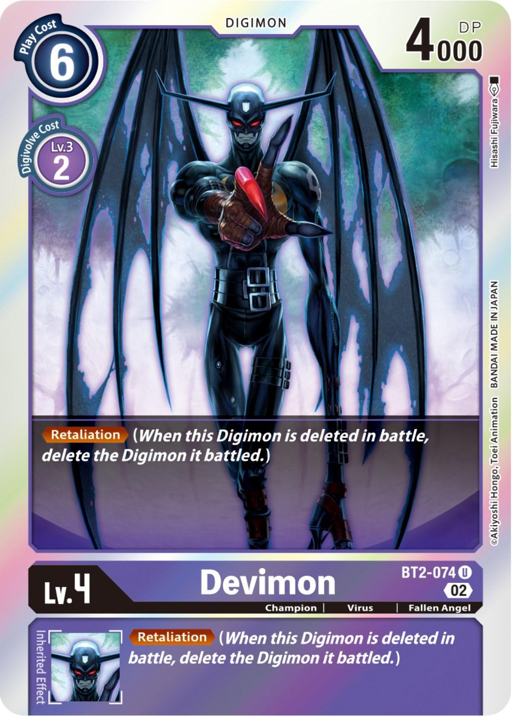BT2-074, Champion, Digimon, Fallen Angel, Purple, Resurgence Booster, Uncommon, Virus Devimon [BT2-074] (Resurgence Booster Reprint) [Resurgence Booster] - Trading Card World