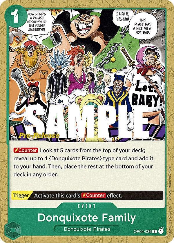 Common, Donquixote Pirates, Event, Kingdoms of Intrigue, Kingdoms of Intrigue Pre-Release Cards Donquixote Family [Kingdoms of Intrigue Pre-Release Cards] - Trading Card World