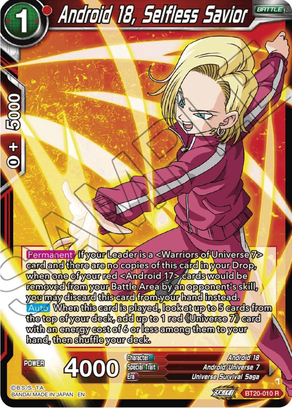Android 18, Android/Universe 7, Battle, BT20-010, Normal, Parallel Foil, Power Absorbed, Rare, Red, Universe Survival Saga Android 18, Selfless Savior (BT20-010) [Power Absorbed] - Trading Card World