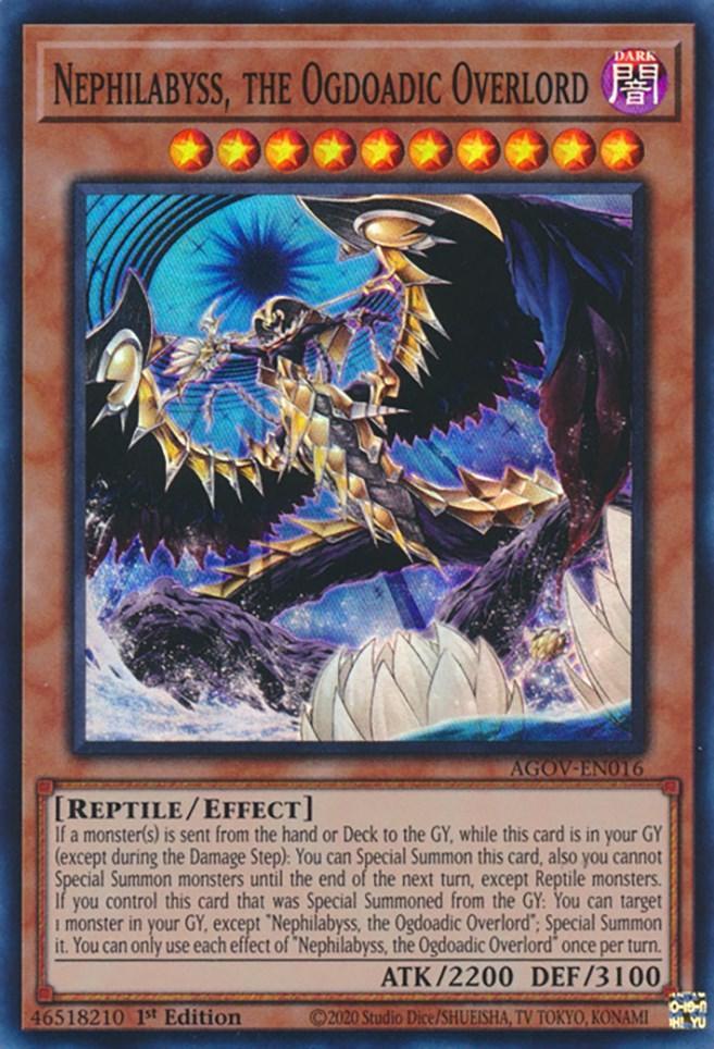 1st Edition, Age of Overlord, Dark, Effect Monster, Reptile, Super Rare Nephilabyss, the Ogdoadic Overlord [AGOV-EN016] Super Rare - Trading Card World