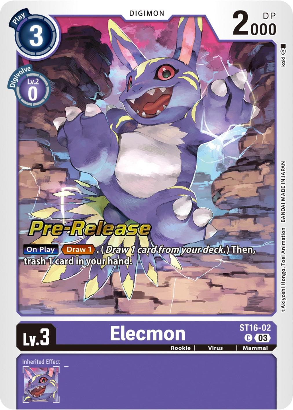 Common, Digimon, Mammal, Purple, Rookie, ST16-02, Starter Deck: Wolf of Friendship Pre-Release Cards, Virus Elecmon [ST16-02] [Starter Deck: Wolf of Friendship Pre-Release Cards] - Trading Card World