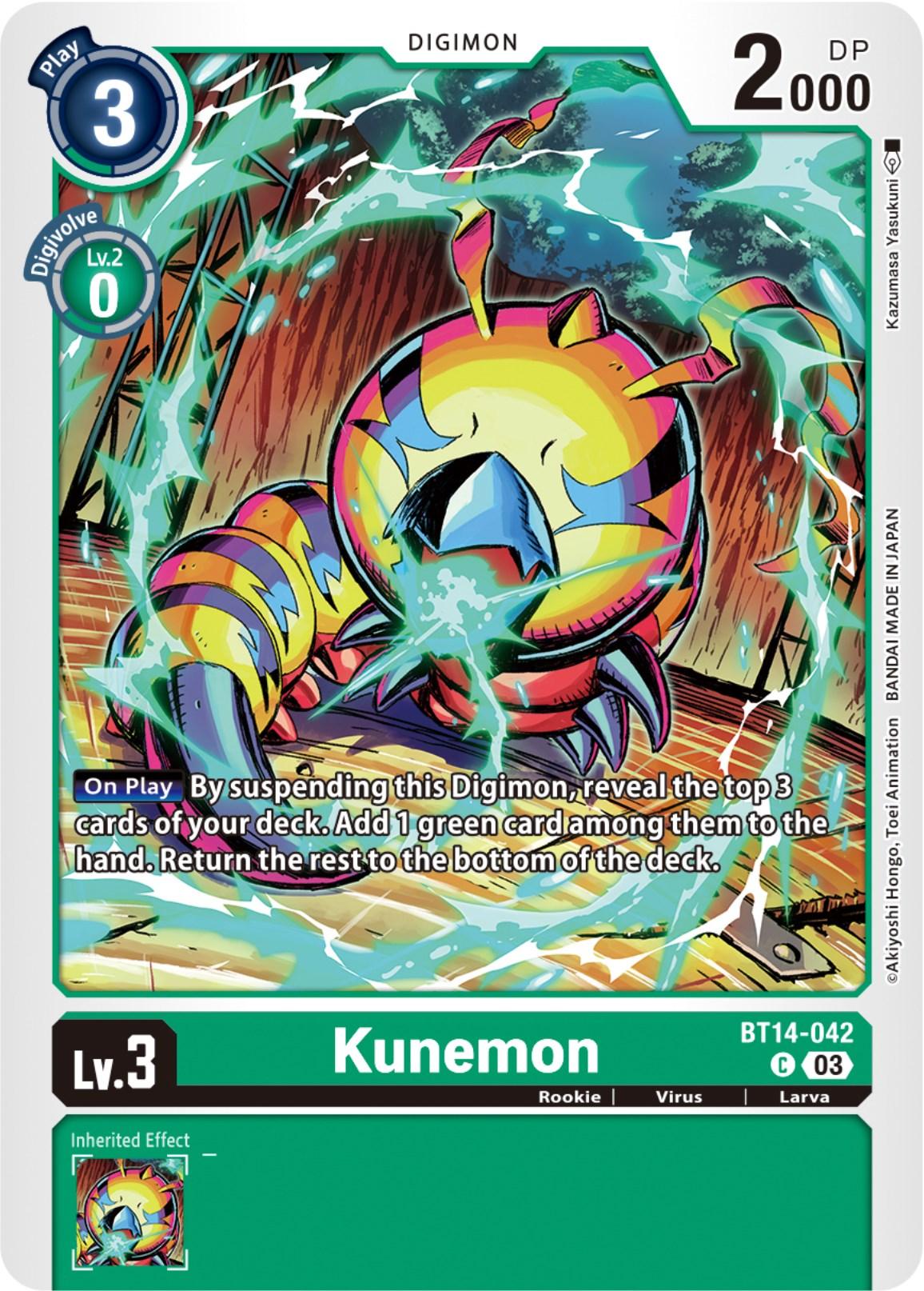 Blast Ace, BT14-042, Common, Digimon, Green, Larva, Rookie, Virus Kunemon [BT14-042] [Blast Ace] - Trading Card World