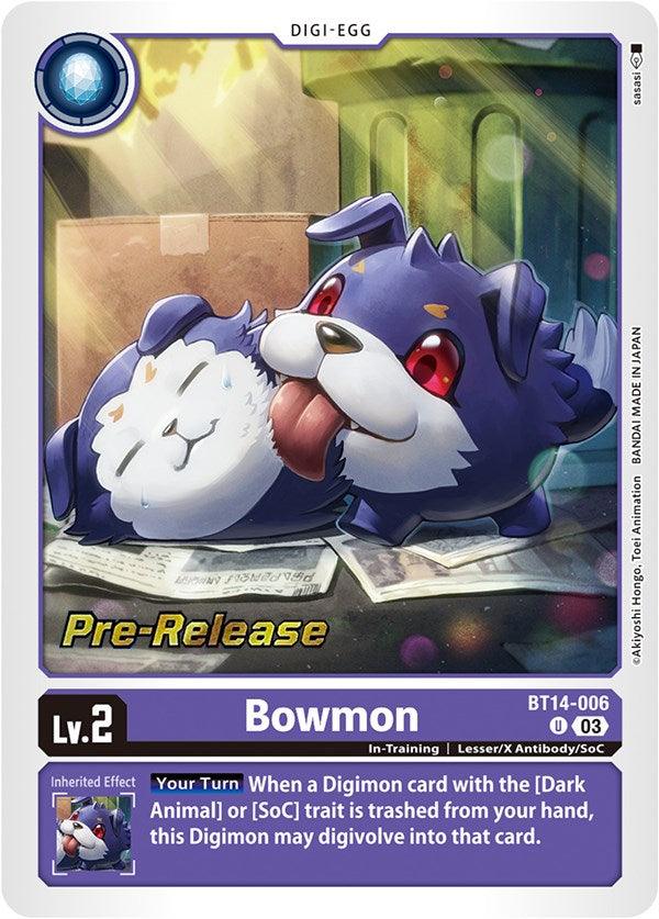 Blast Ace Pre-Release Cards, BT14-006, Digi-Egg, In-Training, Lesser/X Antibody/SoC, Purple, Uncommon Bowmon [BT14-006] [Blast Ace Pre-Release Cards] - Trading Card World