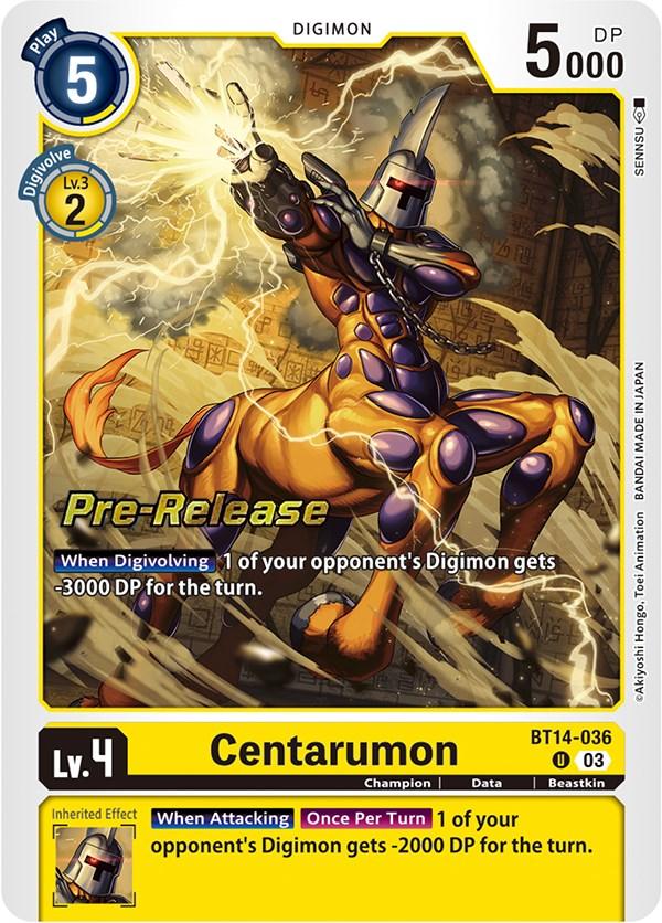Beastkin, Blast Ace Pre-Release Cards, BT14-036, Champion, Data, Digimon, Uncommon, Yellow Centarumon [BT14-036] [Blast Ace Pre-Release Cards] - Trading Card World