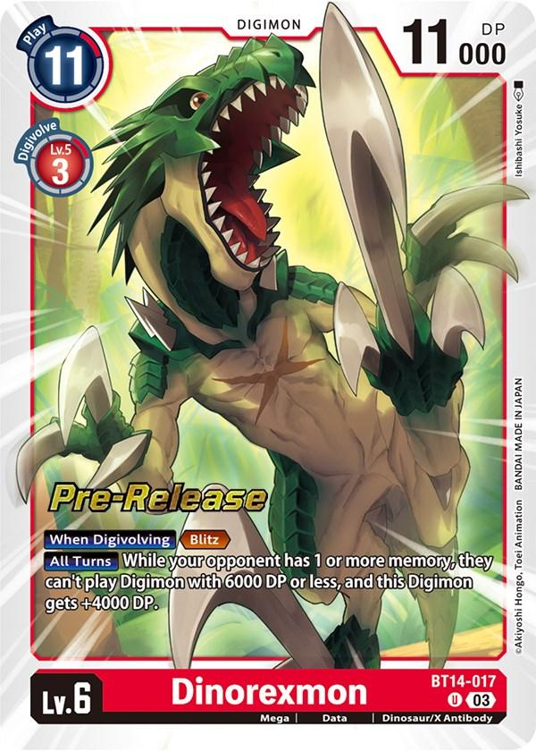 Blast Ace Pre-Release Cards, BT14-017, Data, Digimon, Dinosaur/X Antibody, Mega, Red, Uncommon Dinorexmon [BT14-017] [Blast Ace Pre-Release Cards] - Trading Card World