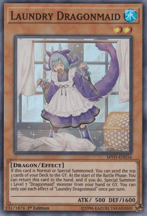 1st Edition, Dragon, Effect Monster, Mystic Fighters, Super Rare, Water Laundry Dragonmaid [MYFI-EN016] Super Rare - Trading Card World