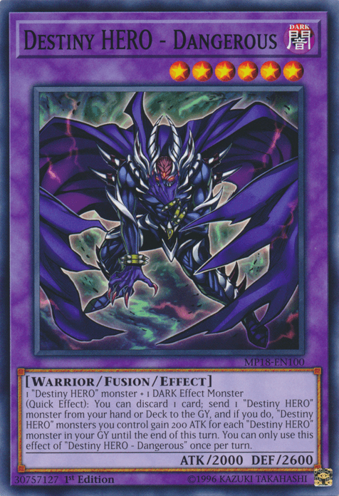 1st Edition, 2018 Mega-Tins Mega Pack, Common, Dark, Fusion/Effect Monster, Warrior Destiny Hero - Dangerous [MP18-EN100] Common - Trading Card World