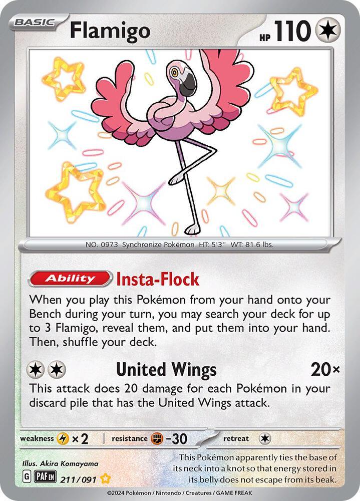 211, Colorless, Fighting [-30], Holofoil, Lightning [x2], Scarlet & Violet: Paldean Fates, Shiny Rare Flamigo (211/091) [Scarlet & Violet: Paldean Fates] - Trading Card World