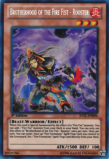 1st Edition, Beast-Warrior, Effect Monster, Fire, Judgment of the Light, Secret Rare, Unlimited Brotherhood of the Fire Fist - Rooster [JOTL-EN094] Secret Rare - Trading Card World