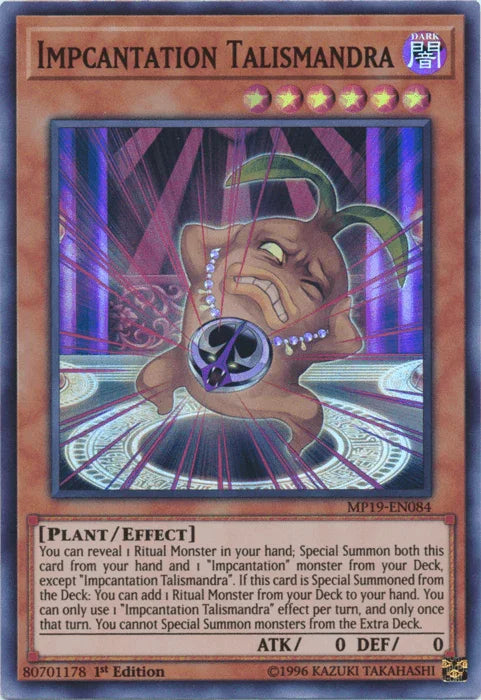 1st Edition, 2019 Gold Sarcophagus Tin Mega Pack, Dark, Effect Monster, Plant, Super Rare, Unlimited Impcantation Talismandra [MP19-EN084] Super Rare - Trading Card World
