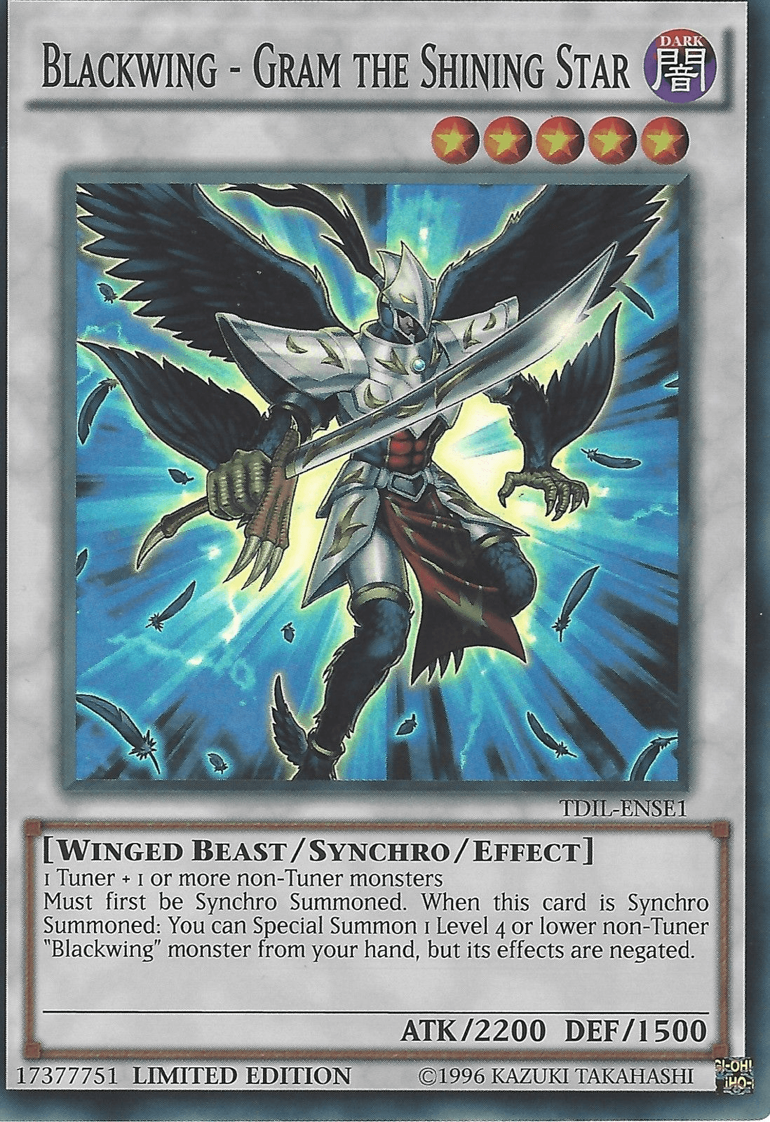 Dark, Limited, Super Rare, Synchro/Effect Monster, The Dark Illusion: Special Edition, Winged Beast Blackwing - Gram the Shining Star [TDIL-ENSE1] Super Rare - Trading Card World