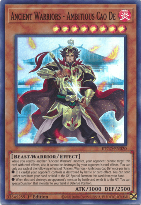 1st Edition, Beast-Warrior, Effect Monster, Eternity Code, Fire, Super Rare Ancient Warriors - Ambitious Cao De [ETCO-EN020] Super Rare - Trading Card World