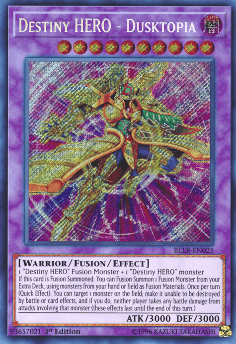1st Edition, Battles of Legend: Light's Revenge, Dark, Fusion/Effect Monster, Secret Rare, Warrior Destiny Hero - Dusktopia [BLLR-EN025] Secret Rare - Trading Card World
