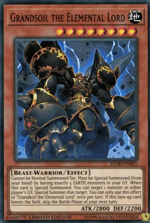 Beast-Warrior, Earth, Effect Monster, Flames of Destruction, Limited, Super Rare Grandsoil the Elemental Lord [FLOD-ENSE1] Super Rare - Trading Card World