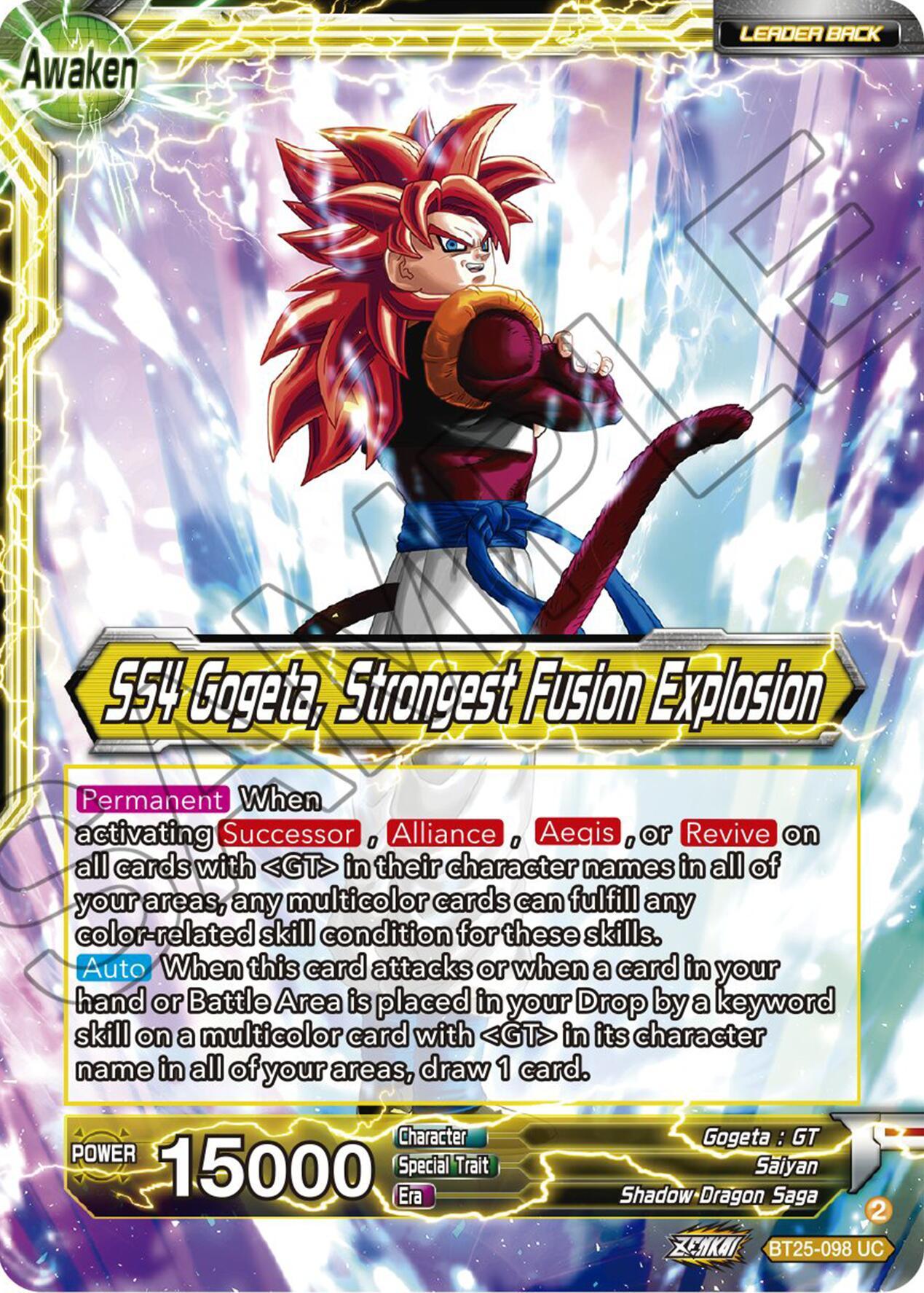 BT25-098 UC, Gogeta : GT/Son Goku : GT/Vegeta : GT, Leader, Legend of the Dragon Balls, Normal, Parallel Foil, Saiyan, Shadow Dragon Saga, Uncommon, Yellow SS4 Son Goku & SS4 Vegeta // SS4 Gogeta, Strongest Fusion Explosion (BT25-098 UC) [Legend of the Dragon Balls] - Trading Card World