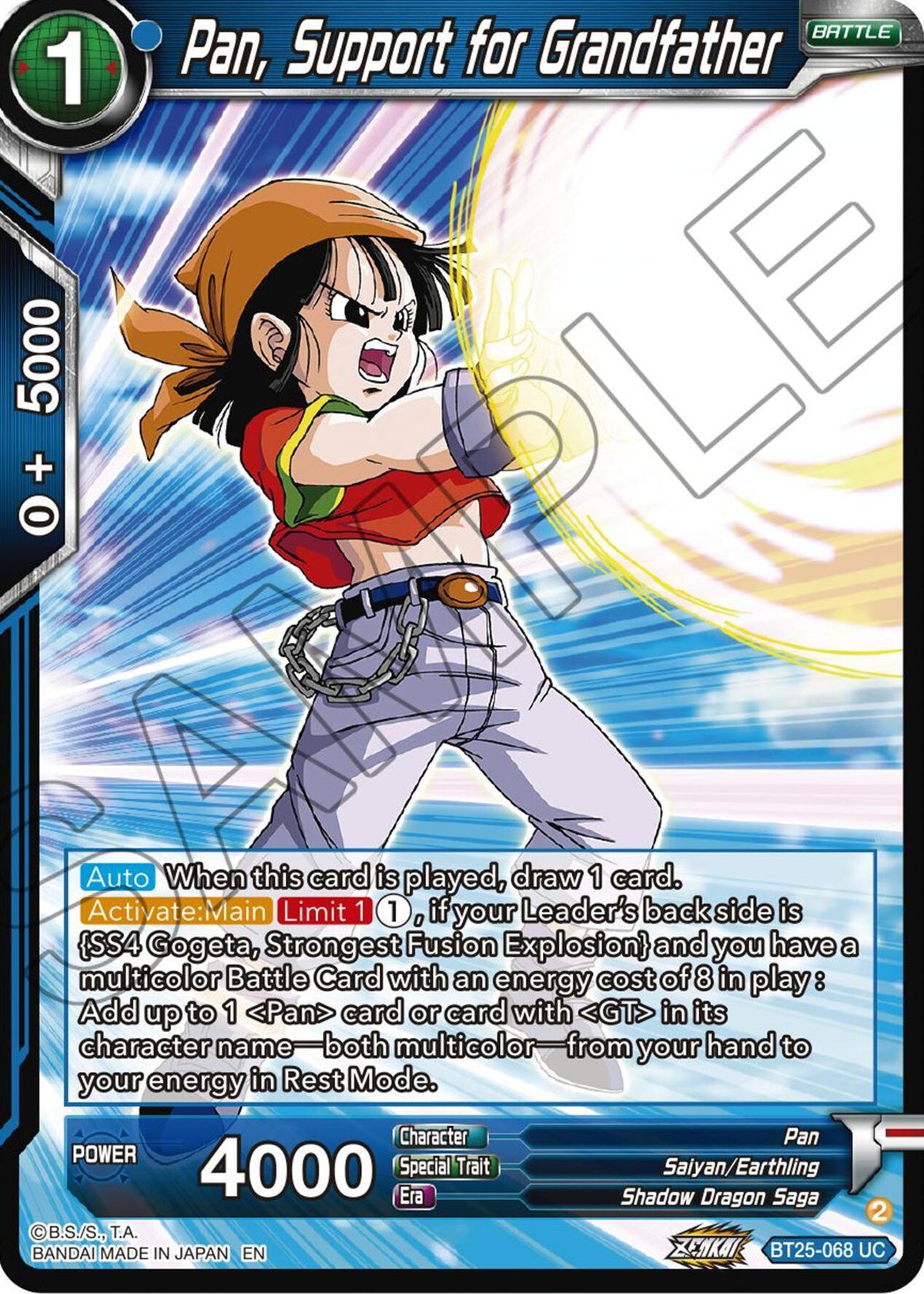Battle, Blue, BT25-068 UC, Legend of the Dragon Balls, Normal, Pan, Parallel Foil, Saiyan/Earthling, Shadow Dragon Saga, Uncommon Pan, Support for Grandfather (BT25-068 UC) [Legend of the Dragon Balls] - Trading Card World