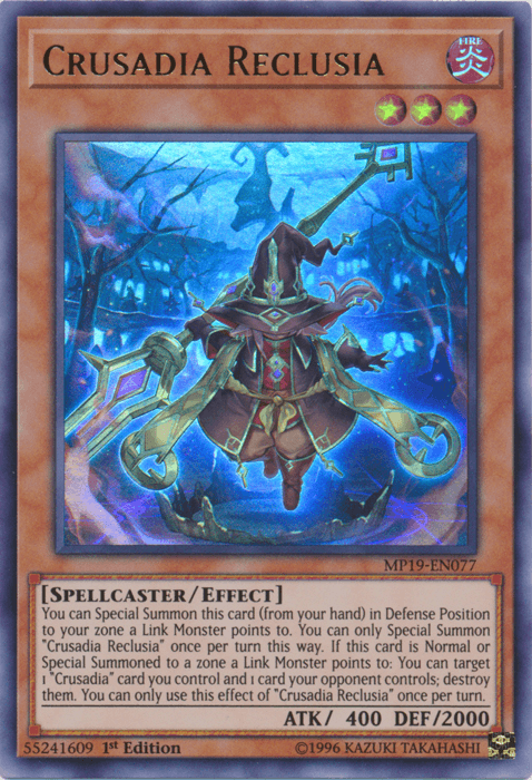 1st Edition, 2019 Gold Sarcophagus Tin Mega Pack, Effect Monster, Fire, Spellcaster, Ultra Rare, Unlimited Crusadia Reclusia [MP19-EN077] Ultra Rare - Trading Card World