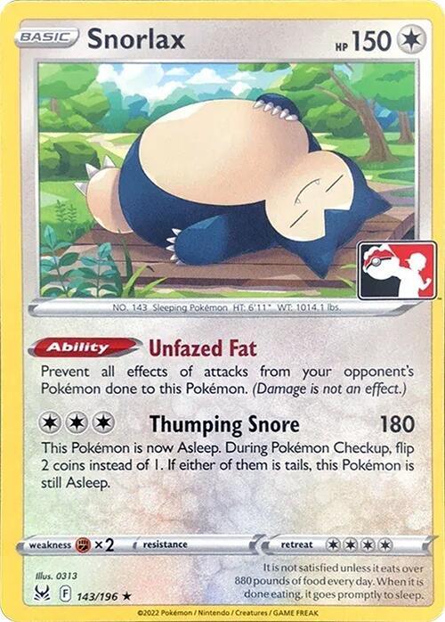 143, Colorless, Fighting[x2], Holofoil, noPrice, Normal, Prize Pack Series Three, Rare Snorlax (143/196) [Prize Pack Series Three] - Trading Card World
