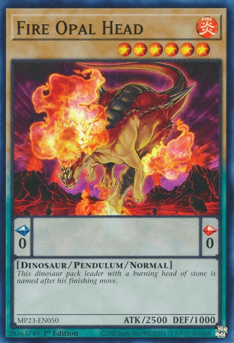 1st Edition, Dinosaur, Dueling Heroes Collectors Tin - Mega Pack (25th Anniversary Edition), Fire, Pendulum/Normal Monster, Super Rare Fire Opal Head [MP23-EN050] Super Rare - Trading Card World