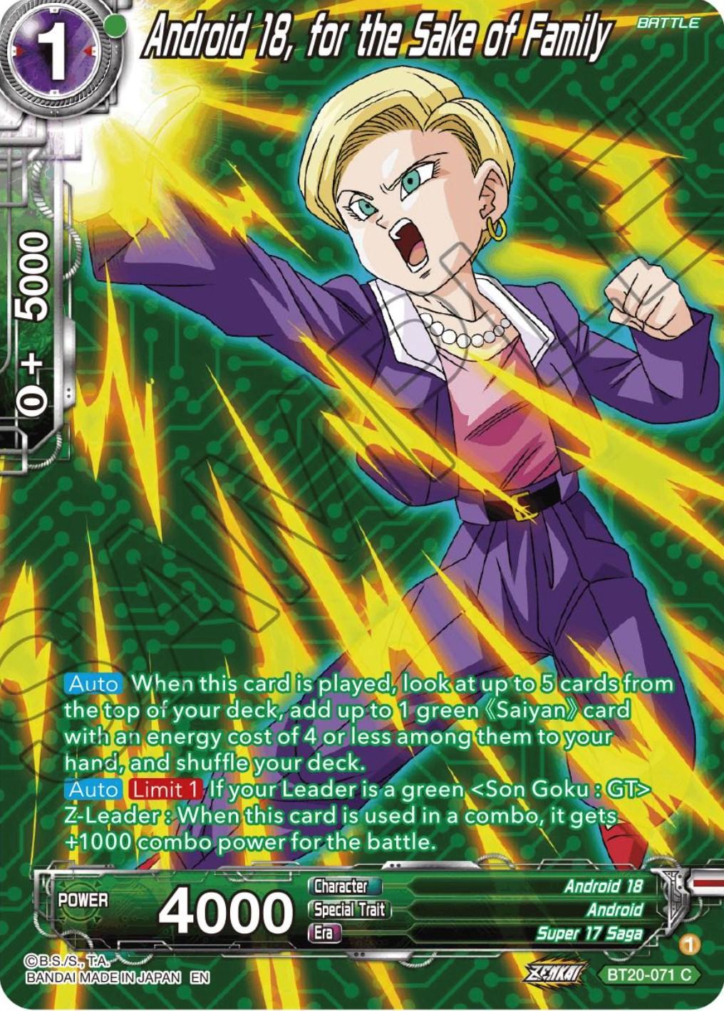 Android, Android 18, Battle, BT20-071, Common, Green, Parallel Foil, Power Absorbed, Super 17 Saga Android 18, for the Sake of Family (Silver Foil) (BT20-071) [Power Absorbed] - Trading Card World