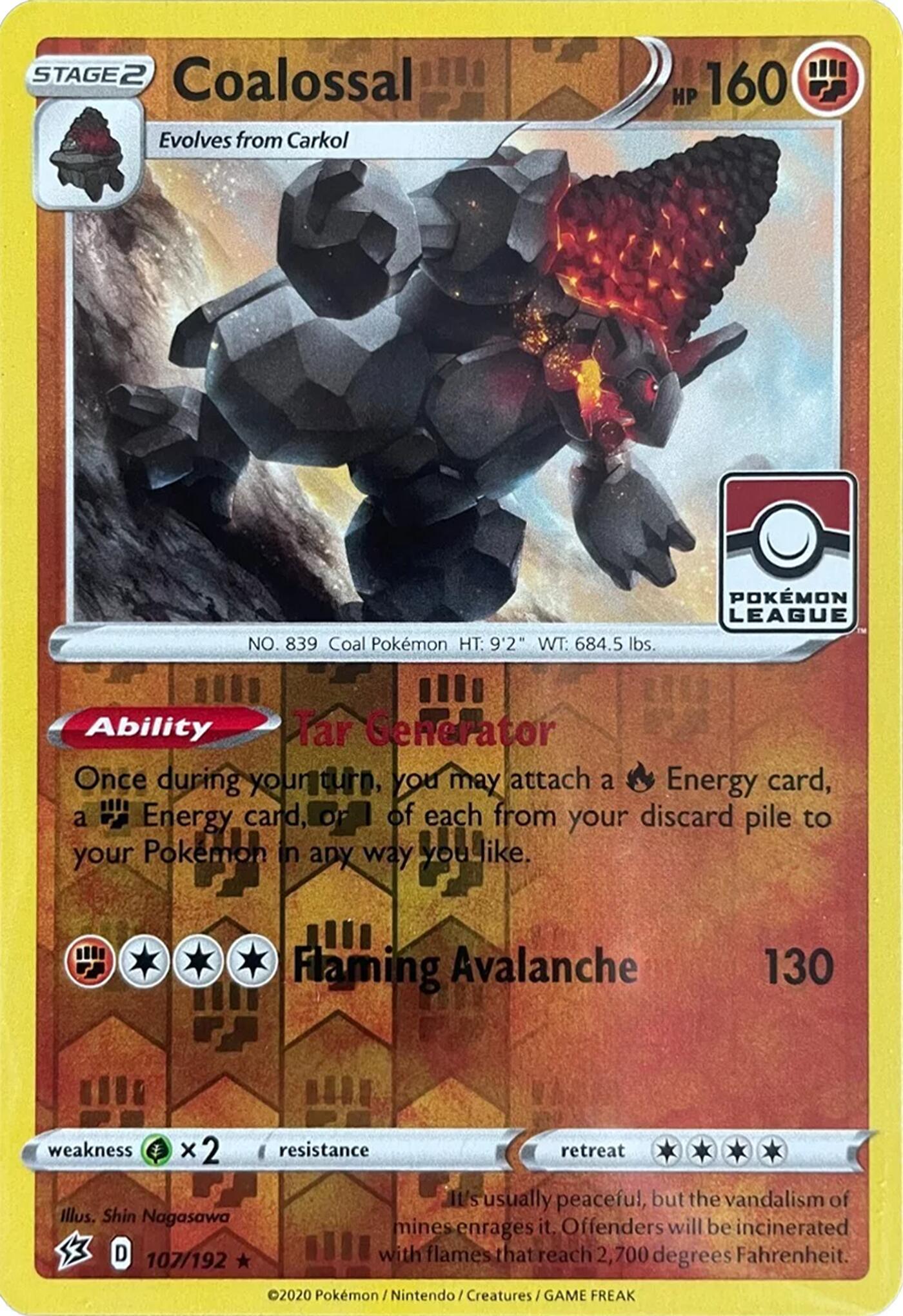 Fighting, Grass[×2], Promo, Reverse Holofoil, Sword & Shield: Rebel Clash Coalossal (107/192) (League Promo) [Sword & Shield: Rebel Clash] - Trading Card World