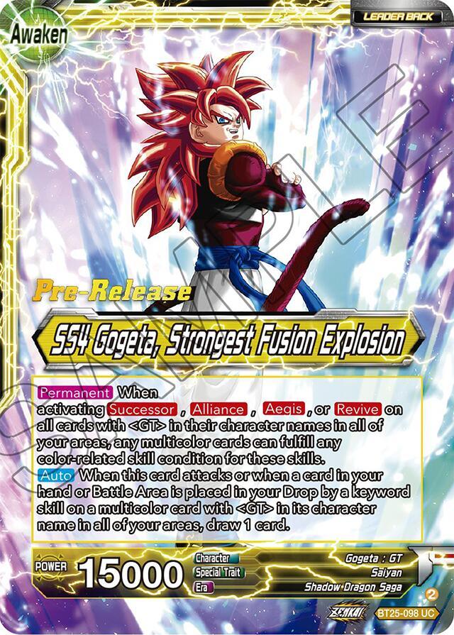 BT25-098, Gogeta : GT/Son Goku : GT/Vegeta : GT, Leader, Legend of the Dragon Balls Prerelease Promos, Parallel Foil, Saiyan, Shadow Dragon Saga, Uncommon, Yellow SS4 Son Goku & SS4 Vegeta // SS4 Gogeta, Strongest Fusion Explosion (BT25-098) [Legend of the Dragon Balls Prerelease Promos] - Trading Card World