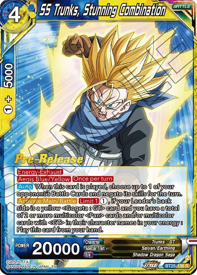 Battle, Blue;Yellow, BT25-136, Legend of the Dragon Balls Prerelease Promos, Parallel Foil, Rare, Saiyan/Earthling, Shadow Dragon Saga, Trunks : GT SS Trunks, Stunning Combination (BT25-136) [Legend of the Dragon Balls Prerelease Promos] - Trading Card World