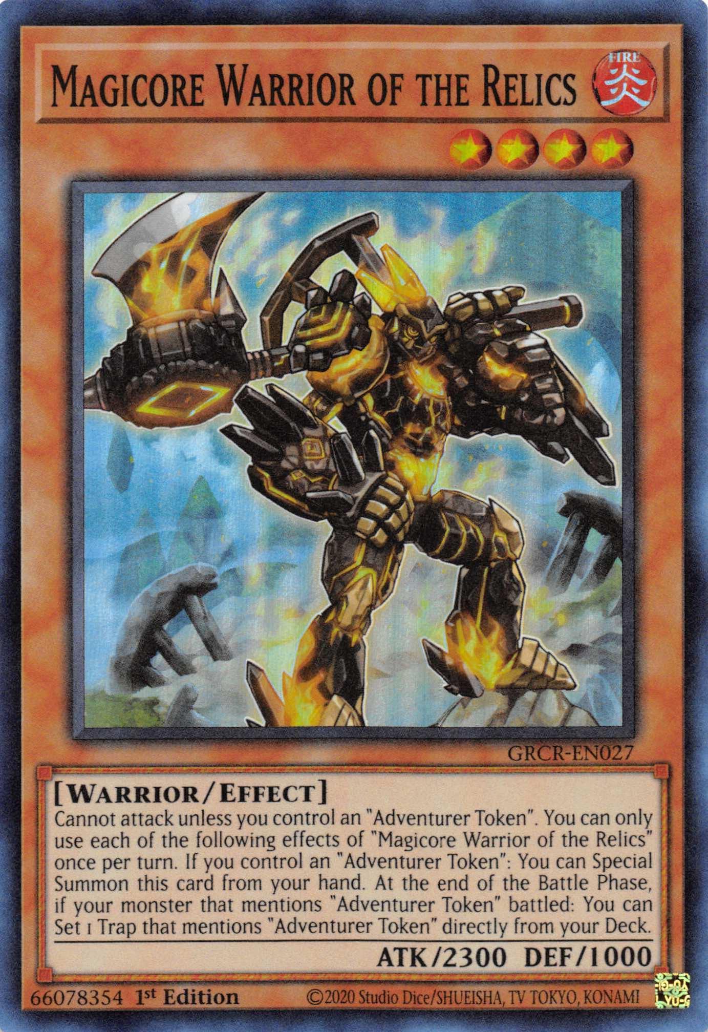 1st Edition, Effect Monster, Fire, Super Rare, The Grand Creators, Warrior Magicore Warrior of the Relics [GRCR-EN027] Super Rare - Trading Card World