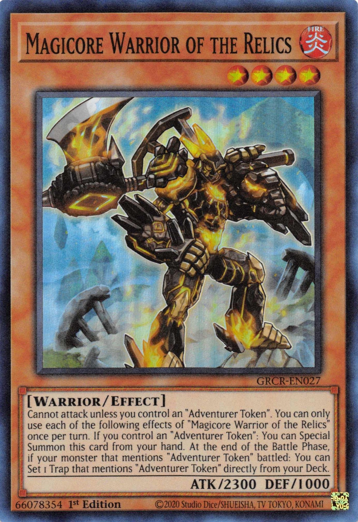 1st Edition, Effect Monster, Fire, Super Rare, The Grand Creators, Warrior Magicore Warrior of the Relics [GRCR-EN027] Super Rare - Trading Card World