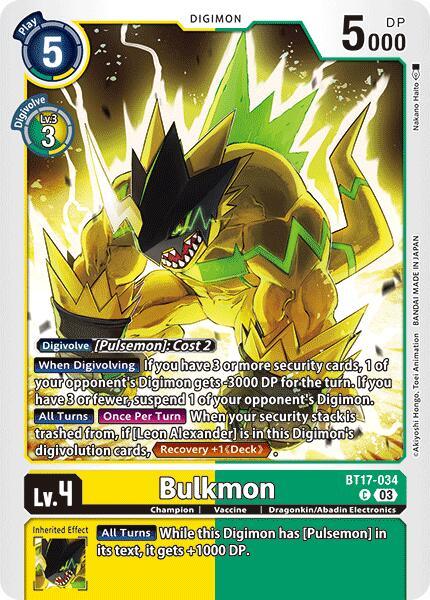 BT17-034, Champion, Common, Digimon, Dragonkin/Abadin Electronics, Green;Yellow, Secret Crisis, Vaccine Bulkmon [BT17-034] [Secret Crisis] - Trading Card World