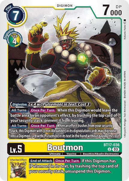Beastkin/Abadin Electronics, BT17-036, Digimon, Green;Yellow, Secret Crisis, Ultimate, Uncommon, Vaccine Boutmon [BT17-036] [Secret Crisis] - Trading Card World