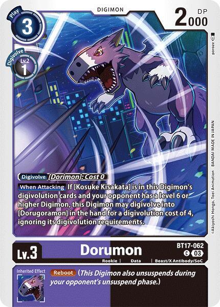 Beast/X Antibody/SoC, BT17-062, Common, Data, Digimon, Purple, Rookie, Secret Crisis Dorumon [BT17-062] [Secret Crisis] - Trading Card World