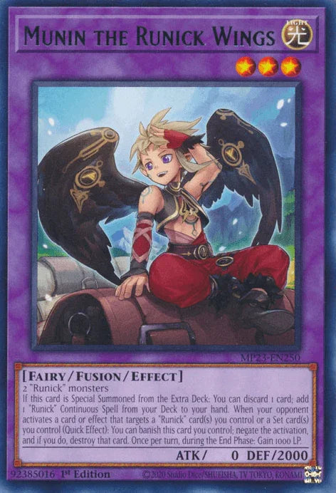 1st Edition, Dueling Heroes Collectors Tin - Mega Pack (25th Anniversary Edition), Fairy, Fusion/Effect Monster, Light, Rare Munin the Runick Wings [MP23-EN250] Rare - Trading Card World
