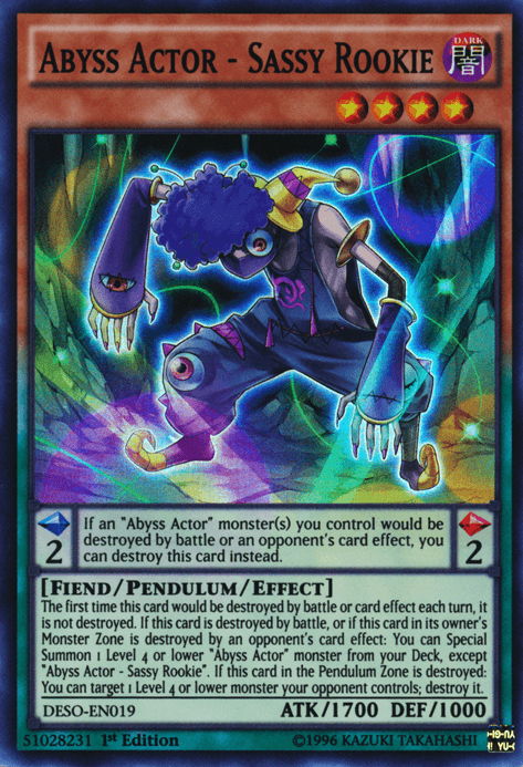 1st Edition, Dark, Destiny Soldiers, Fiend, Pendulum/Effect Monster, Super Rare Abyss Actor - Sassy Rookie [DESO-EN019] Super Rare - Trading Card World