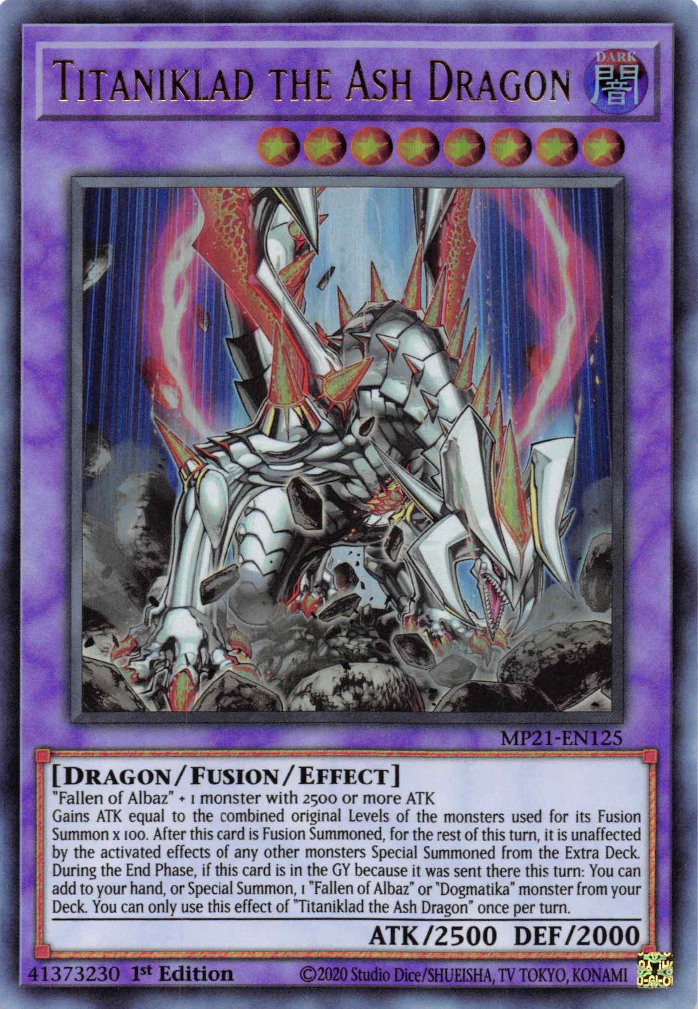 1st Edition, 2021 Tin of Ancient Battles, Dark, Dragon, Fusion/Effect Monster, Ultra Rare Titaniklad the Ash Dragon [MP21-EN125] Ultra Rare - Trading Card World
