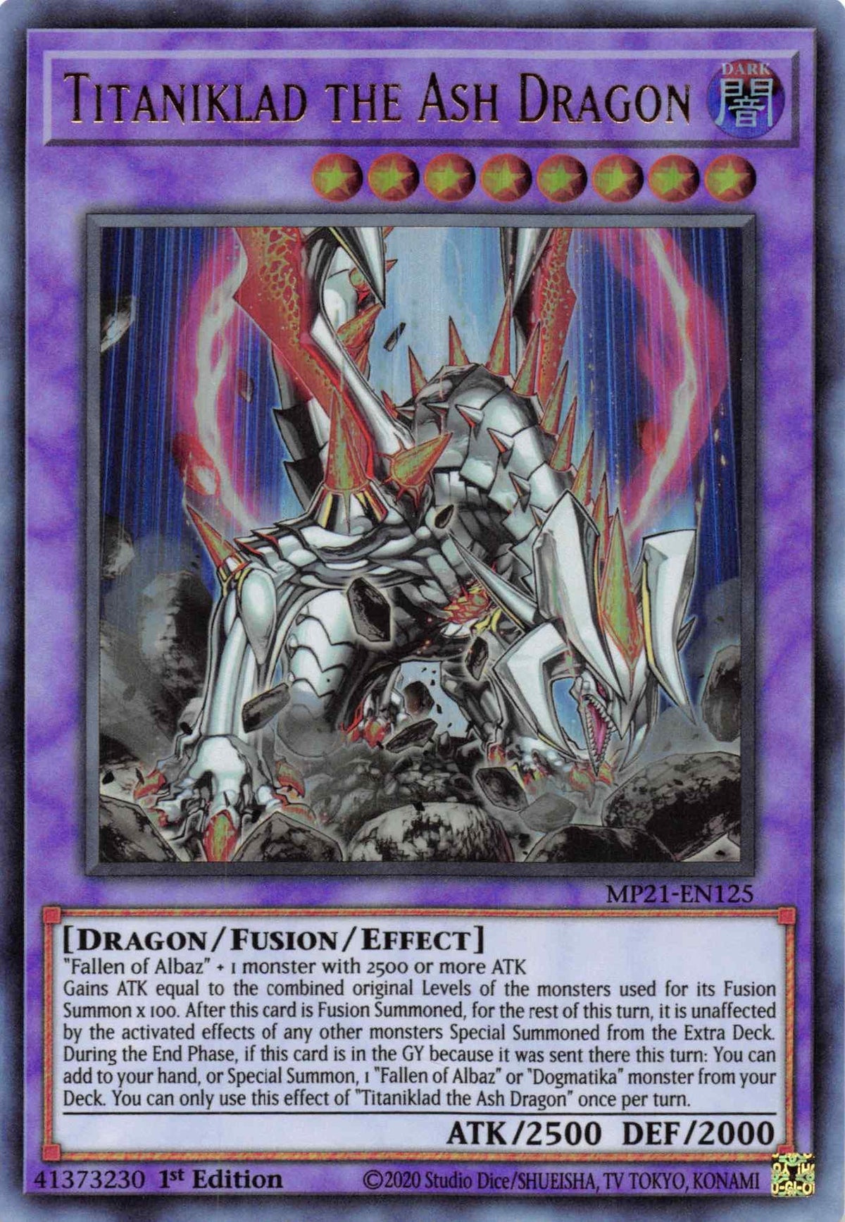 1st Edition, 2021 Tin of Ancient Battles, Dark, Dragon, Fusion/Effect Monster, Ultra Rare Titaniklad the Ash Dragon [MP21-EN125] Ultra Rare - Trading Card World