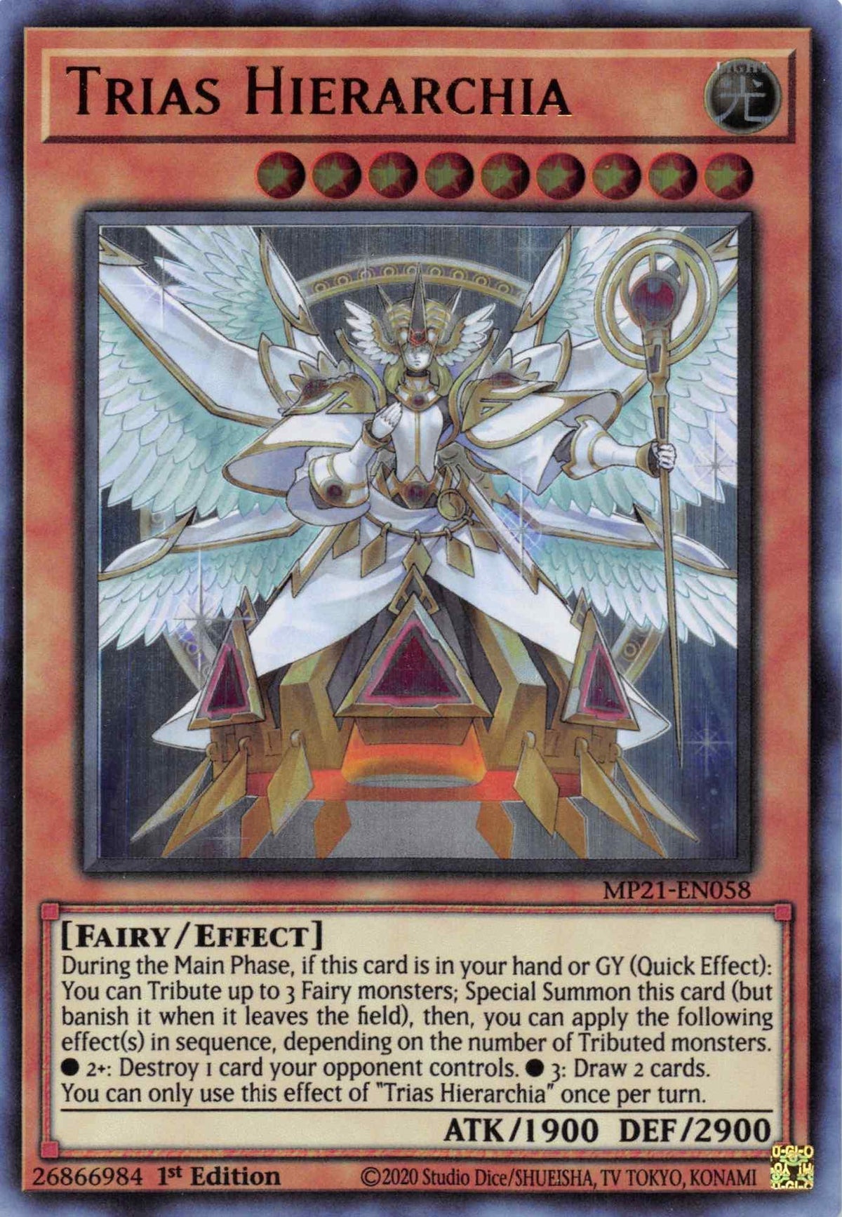 1st Edition, 2021 Tin of Ancient Battles, Effect Monster, Fairy, Light, Ultra Rare Trias Hierarchia [MP21-EN058] Ultra Rare - Trading Card World