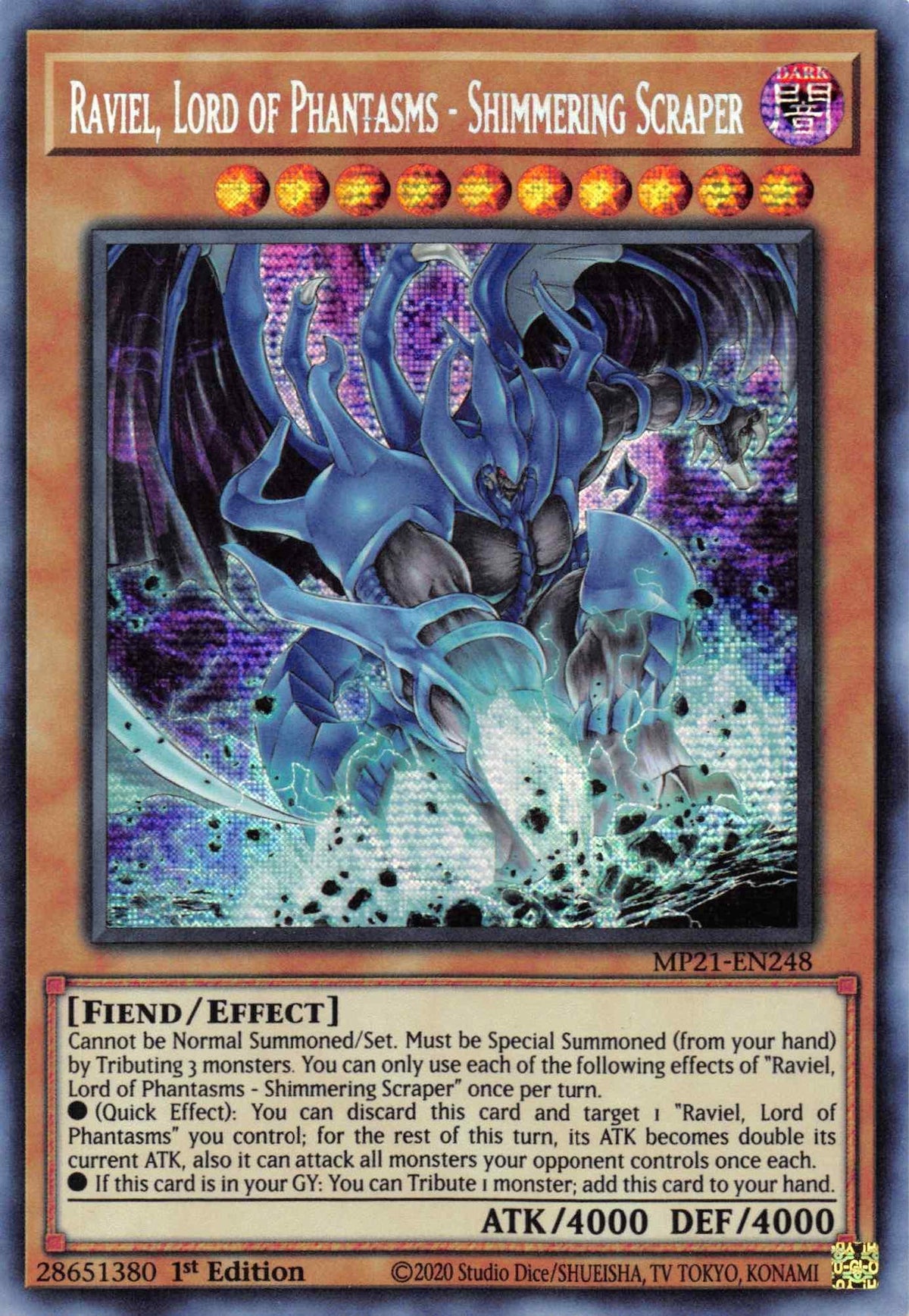 1st Edition, 2021 Tin of Ancient Battles, Dark, Effect Monster, Fiend, Prismatic Secret Rare Raviel, Lord of Phantasms - Shimmering Scraper [MP21-EN248] Prismatic Secret Rare - Trading Card World