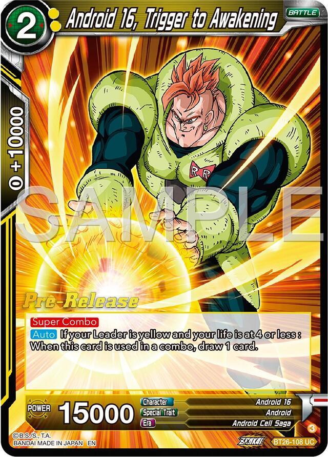 Android, Android 16, Android Cell Saga, Battle, BT26-108, Normal, Ultimate Advent Prerelease Promos, Uncommon, Yellow Android 16, Trigger to Awakening (BT26-108) [Ultimate Advent Prerelease Promos] - Trading Card World