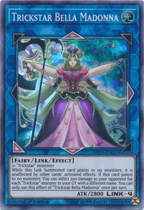 1st Edition, 2019 Gold Sarcophagus Tin Mega Pack, Fairy, Light, Link/Effect Monster, Super Rare, Unlimited Trickstar Bella Madonna [MP19-EN021] Super Rare - Trading Card World