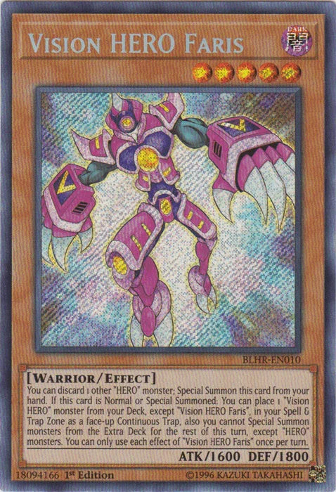 1st Edition, Battles of Legend: Hero's Revenge, Dark, Effect Monster, Secret Rare, Warrior Vision Hero Faris [BLHR-EN010] Secret Rare - Trading Card World