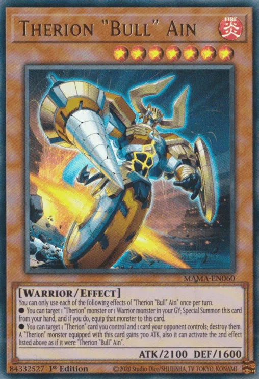 1st Edition, Effect Monster, Fire, Magnificent Mavens, Ultra Rare, Warrior Therion "Bull" Ain [MAMA-EN060] Ultra Rare - Trading Card World