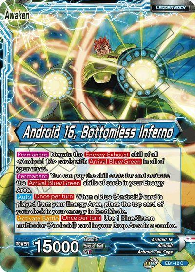 Android, Android 16, Android Cell Saga, Battle Evolution Booster, Blue, Common, EB1-12, Leader, Normal, Parallel Foil Android 16 // Android 16, Bottomless Inferno (EB1-12) [Battle Evolution Booster] - Trading Card World