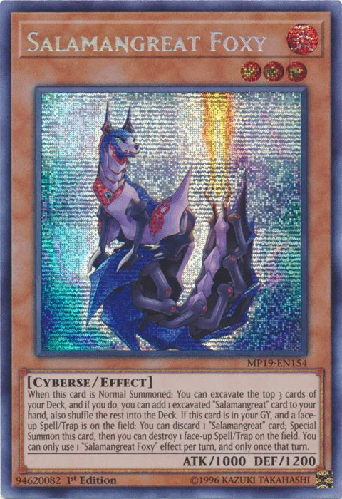 1st Edition, 2019 Gold Sarcophagus Tin Mega Pack, Cyberse, Effect Monster, Fire, Prismatic Secret Rare, Unlimited Salamangreat Foxy [MP19-EN154] Prismatic Secret Rare - Trading Card World