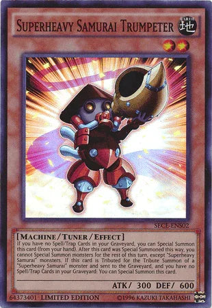 Earth, Limited, Machine, Secrets of Eternity, Super Rare, Tuner/Effect Monster Superheavy Samurai Trumpeter [SECE-ENS02] Super Rare - Trading Card World