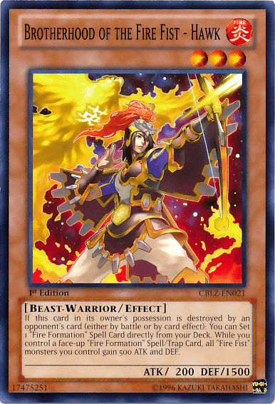1st Edition, Beast-Warrior, Common, Cosmo Blazer, Effect Monster, Fire, Unlimited Brotherhood of the Fire Fist - Hawk [CBLZ-EN021] Common - Trading Card World