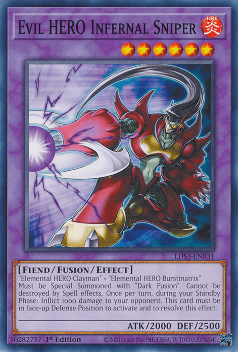 1st Edition, Common, Fiend, Fire, Fusion/Effect Monster, Legendary Duelists: Season 3 Evil HERO Infernal Sniper [LDS3-EN031] Common - Trading Card World