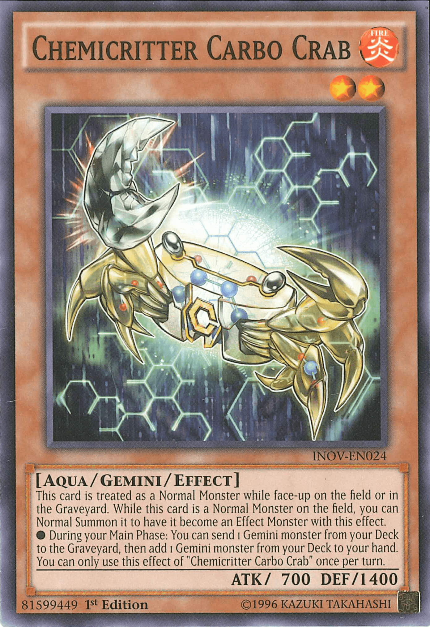 1st Edition, Aqua, Common, Fire, Gemini/Effect Monster, Invasion: Vengeance, Unlimited Chemicritter Carbo Crab [INOV-EN024] Common - Trading Card World