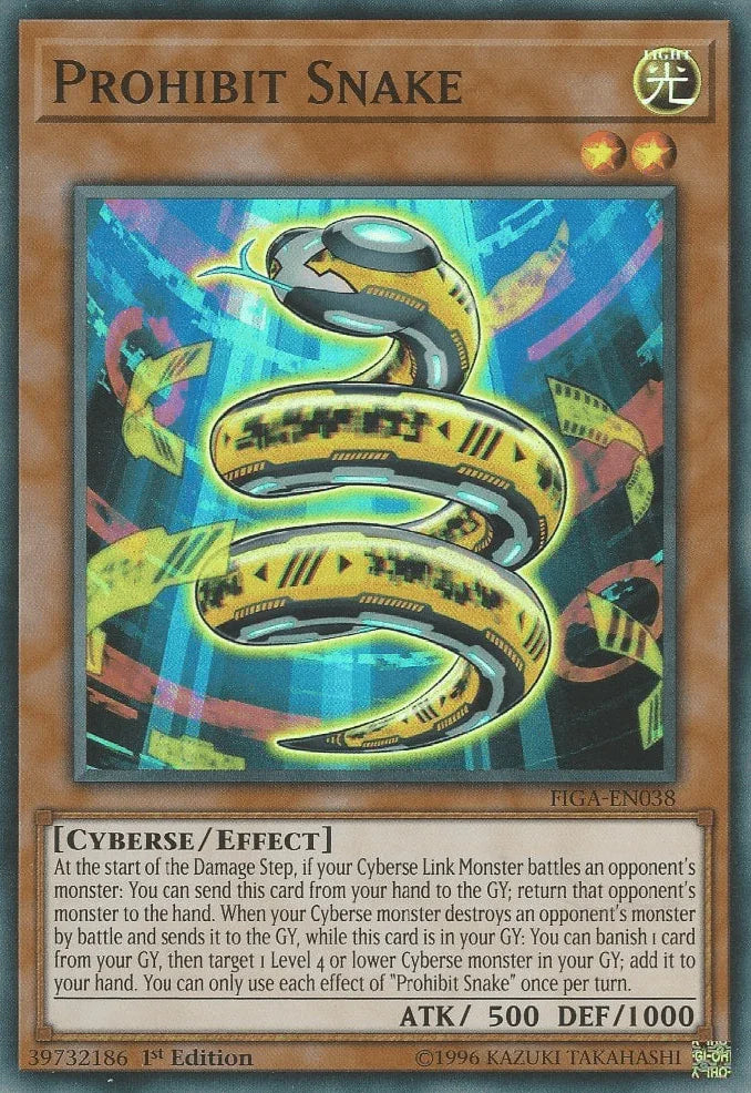 1st Edition, Cyberse, Effect Monster, Fists of the Gadgets, Light, Super Rare Prohibit Snake [FIGA-EN038] Super Rare - Trading Card World