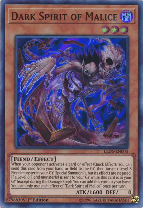 1st Edition, Dark, Effect Monster, Fiend, Legendary Duelists: Immortal Destiny, Super Rare Dark Spirit of Malice [LED5-EN003] Super Rare - Trading Card World